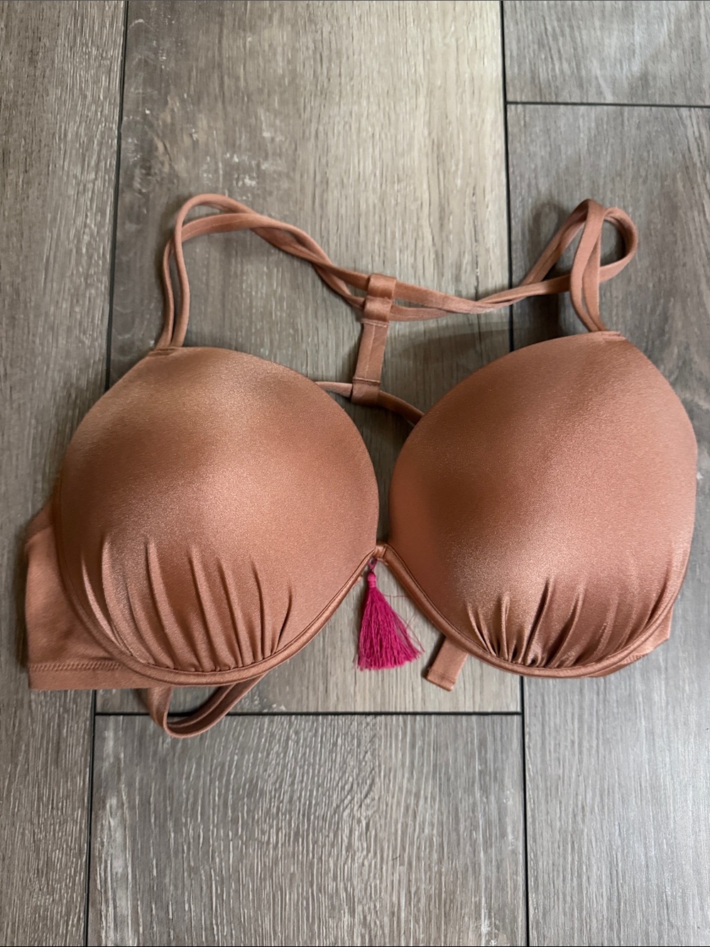Shade & Shore Padded T-Back Bikini Top in Rose Gold with Pink Tassel